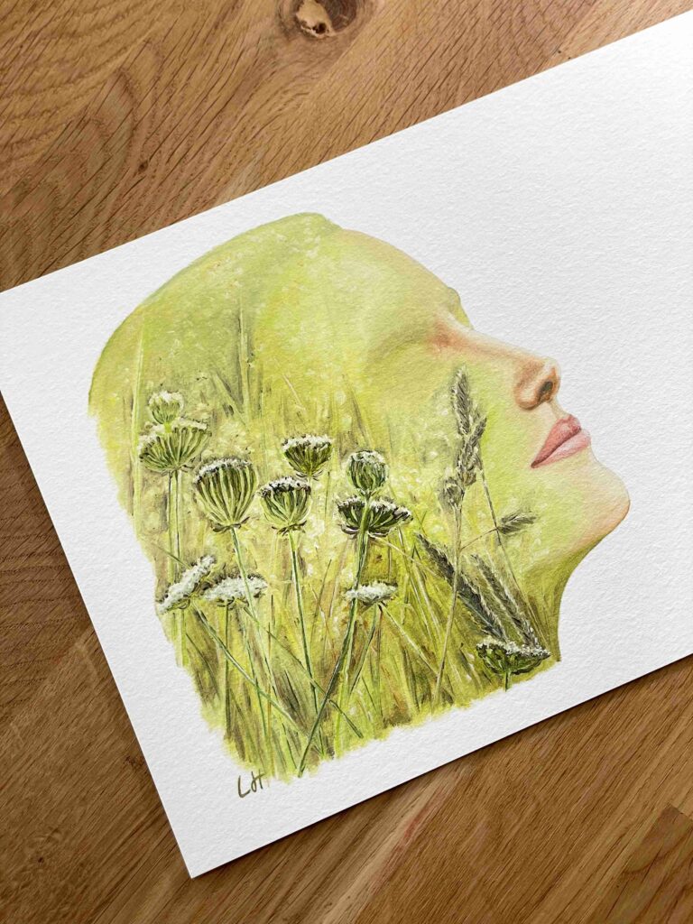 Portrait figurant un nez et une bouche le reste du visage étant rempli par des plantes