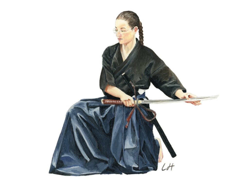 Autoportrait Lucile Héritier pratiquant un kata de iaido