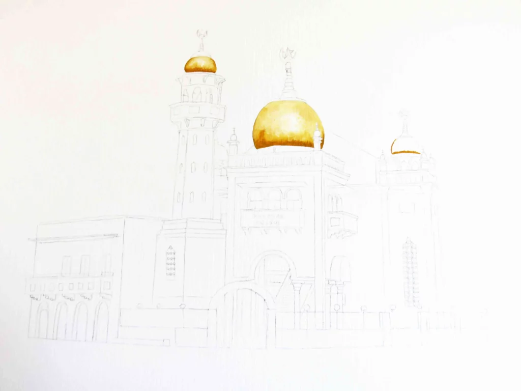 Peinture d'une mosquée en cours étape 1