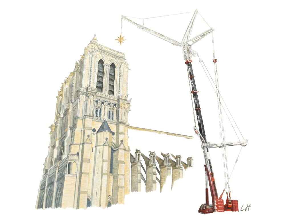 Notre Dame avec une grue portant une étoile