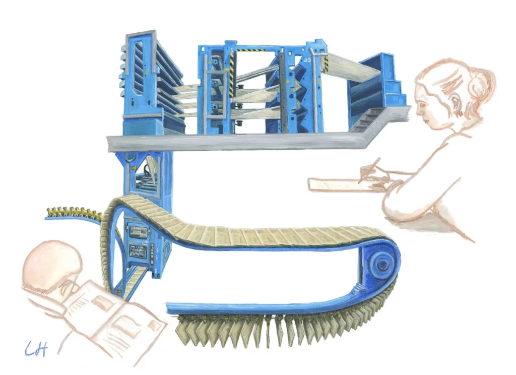 Newspaper printing circuit through the presses, with the silhouette of a journalist at the beginning and the silhouette of a reader at the end.