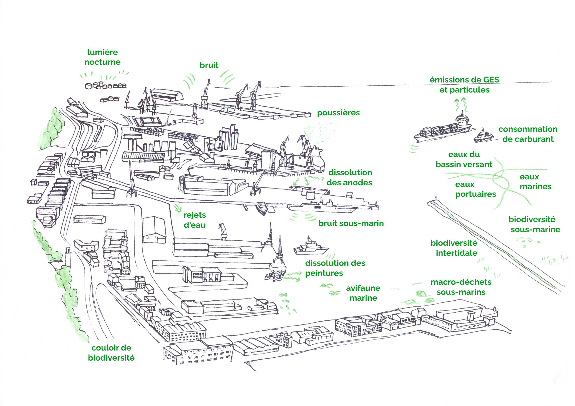 Aerial view of a port with environmental details