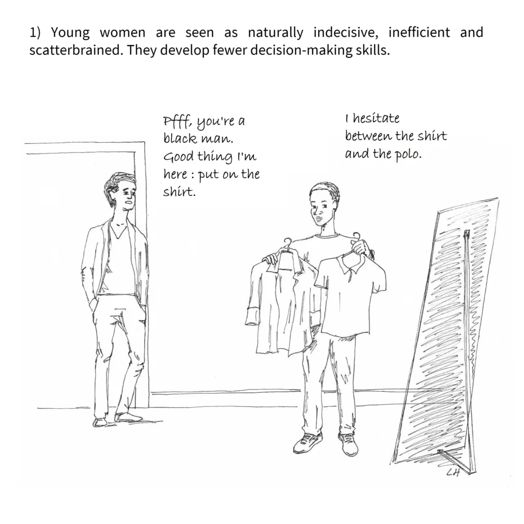 A skit illustrating a sexist situation by transposing it to racism.