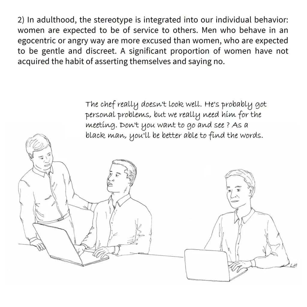 A skit illustrating a sexist situation by transposing it to racism.