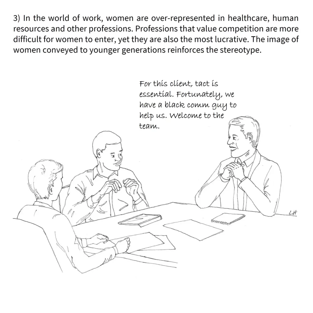 A skit illustrating a sexist situation by transposing it to racism.