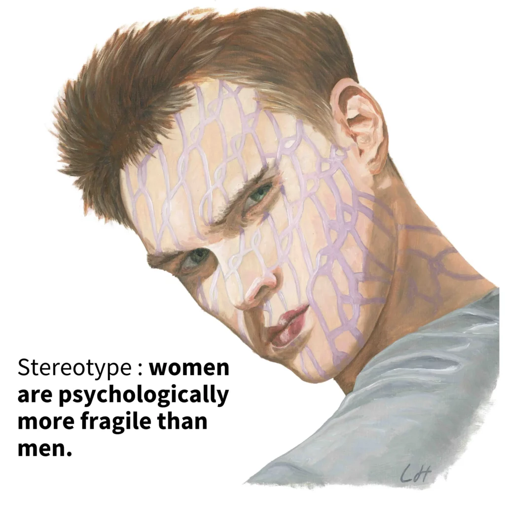 Portrait of a person with the shadow of a net on his face, representing a sexist stereotype.