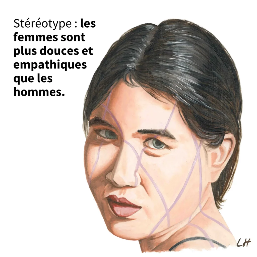 Portrait d'une personne avec l'ombre d'un filet sur le visage représentant un stéréotype sexiste.