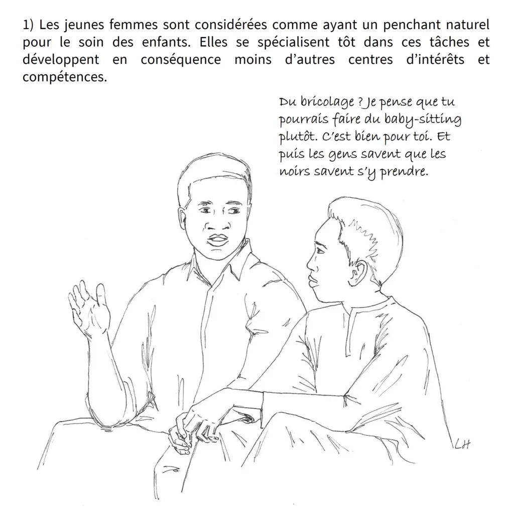 Saynète illustrant une situation sexiste par la transposition avec le racisme.