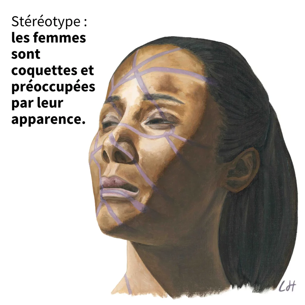 Portrait d'une personne avec l'ombre d'un filet sur le visage représentant un stéréotype sexiste.