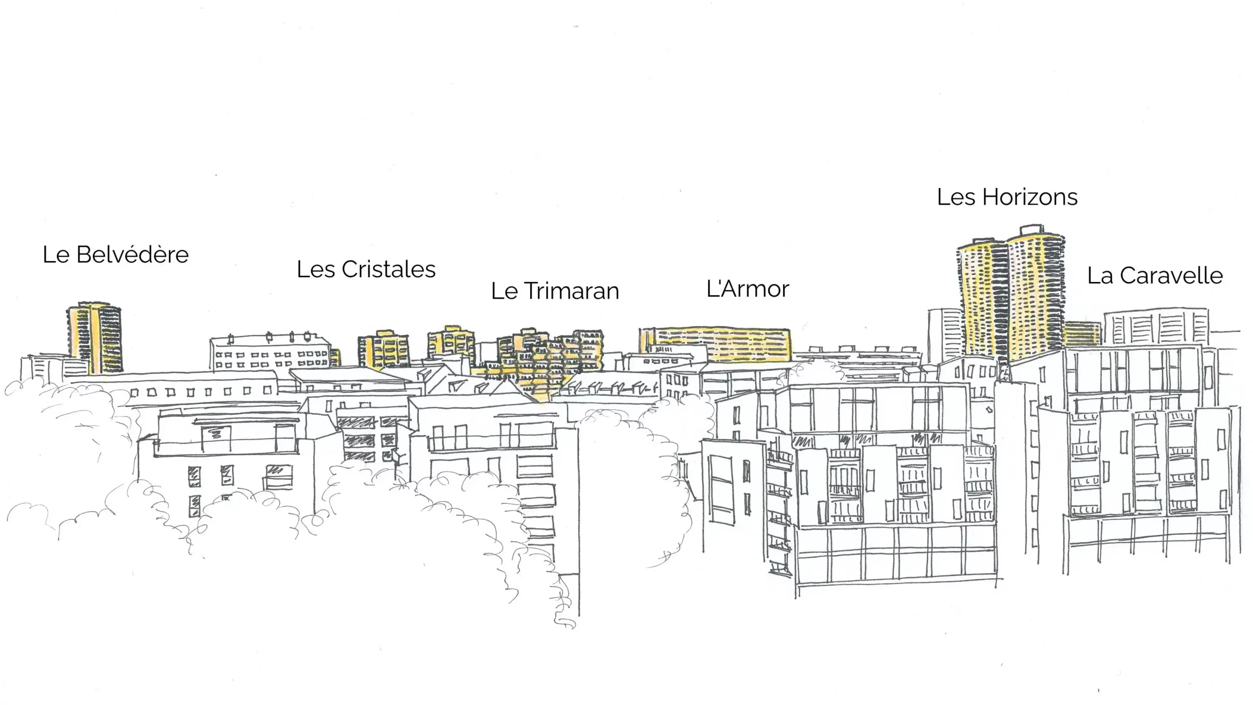 Black and white drawing of the Bourg l'Evêque skyline