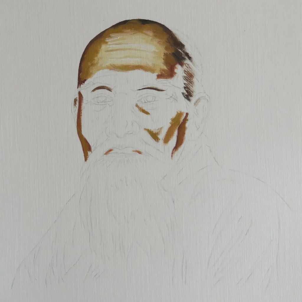 Portrait of Morihei Ueshiba in progress 1/8