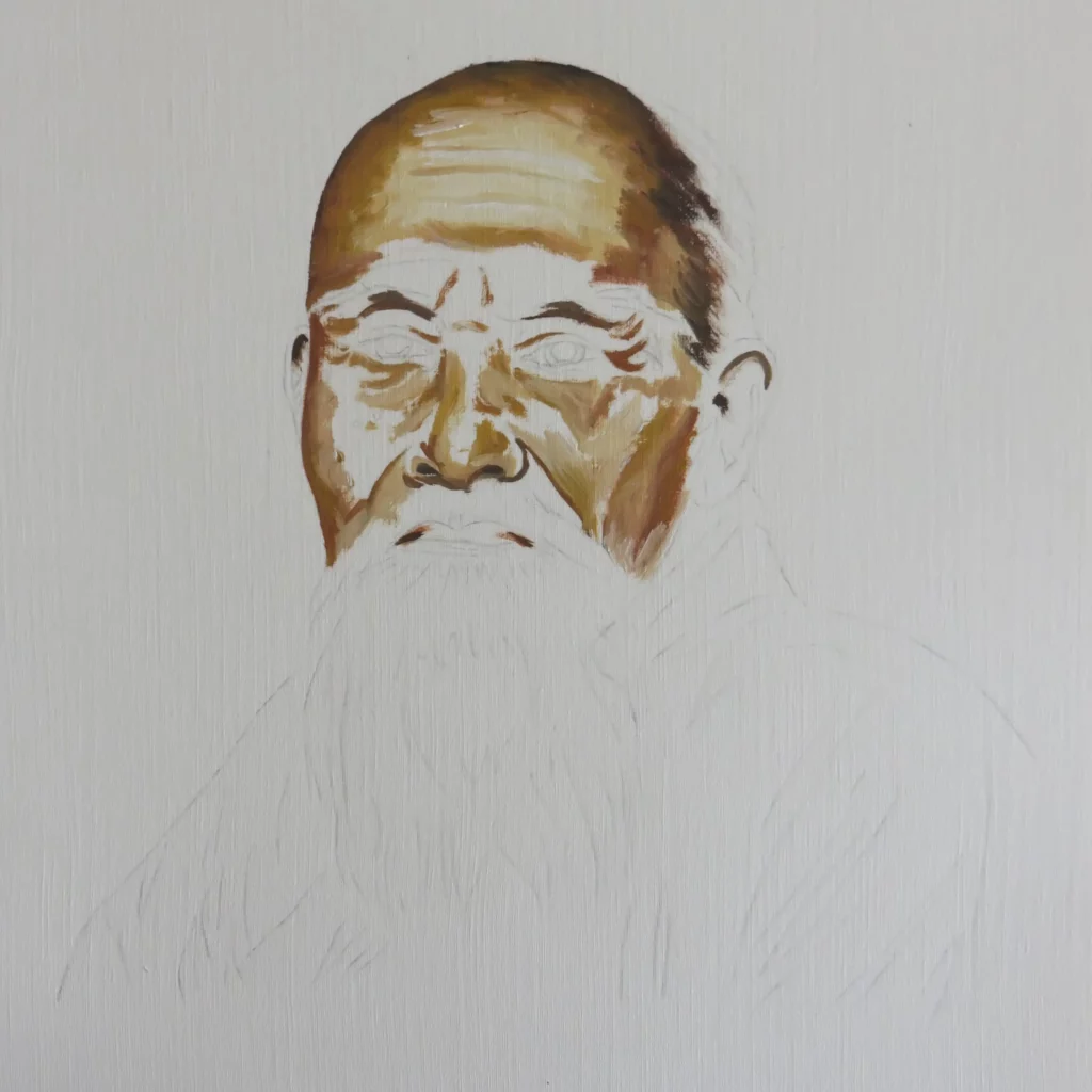 Portrait of Morihei Ueshiba in progress 2/8