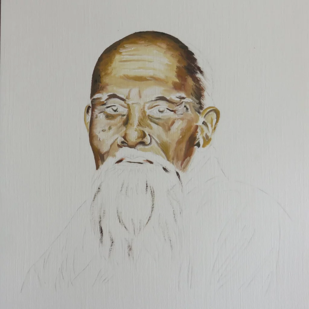 Portrait of Morihei Ueshiba in progress 3/8