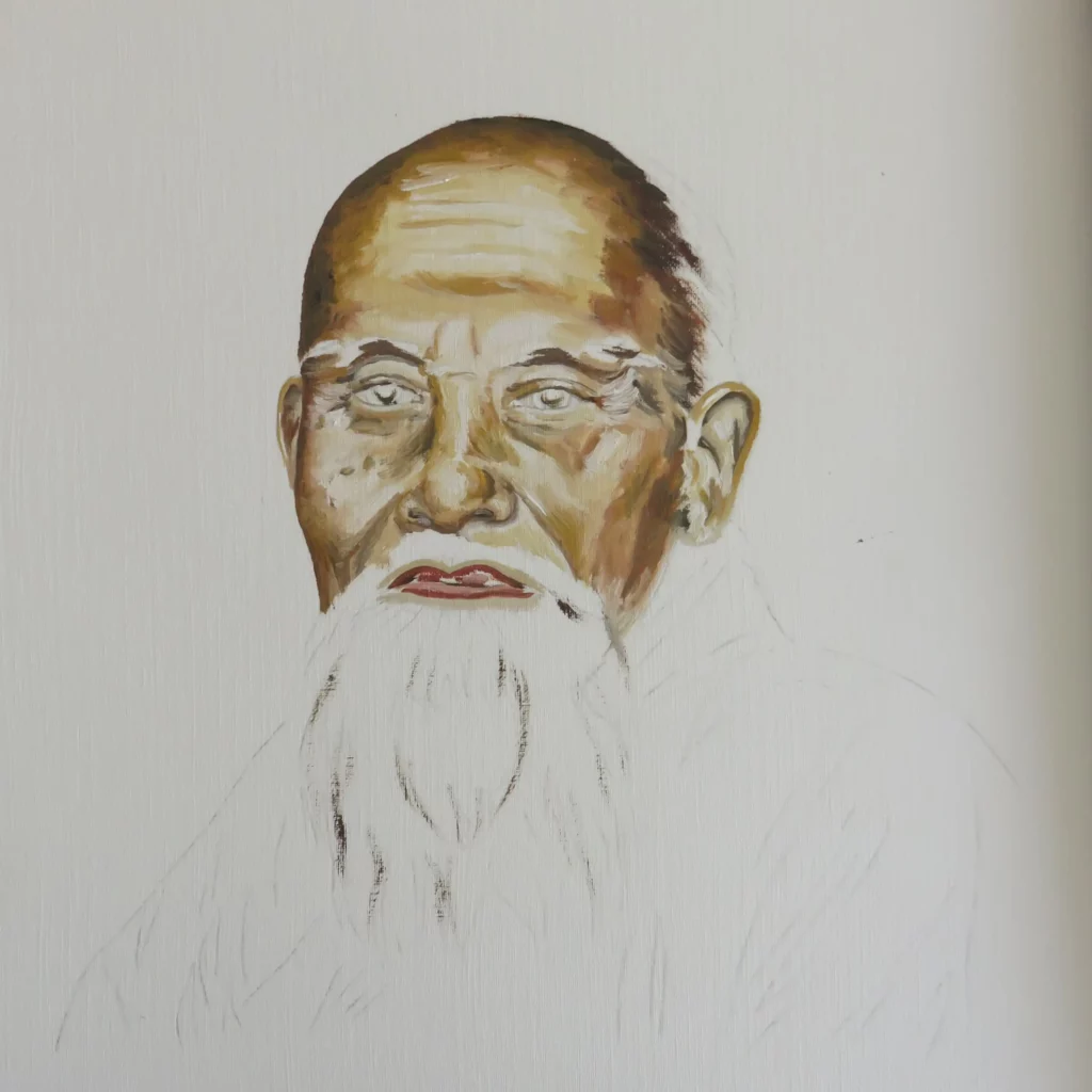 Portrait of Morihei Ueshiba in progress 4/8