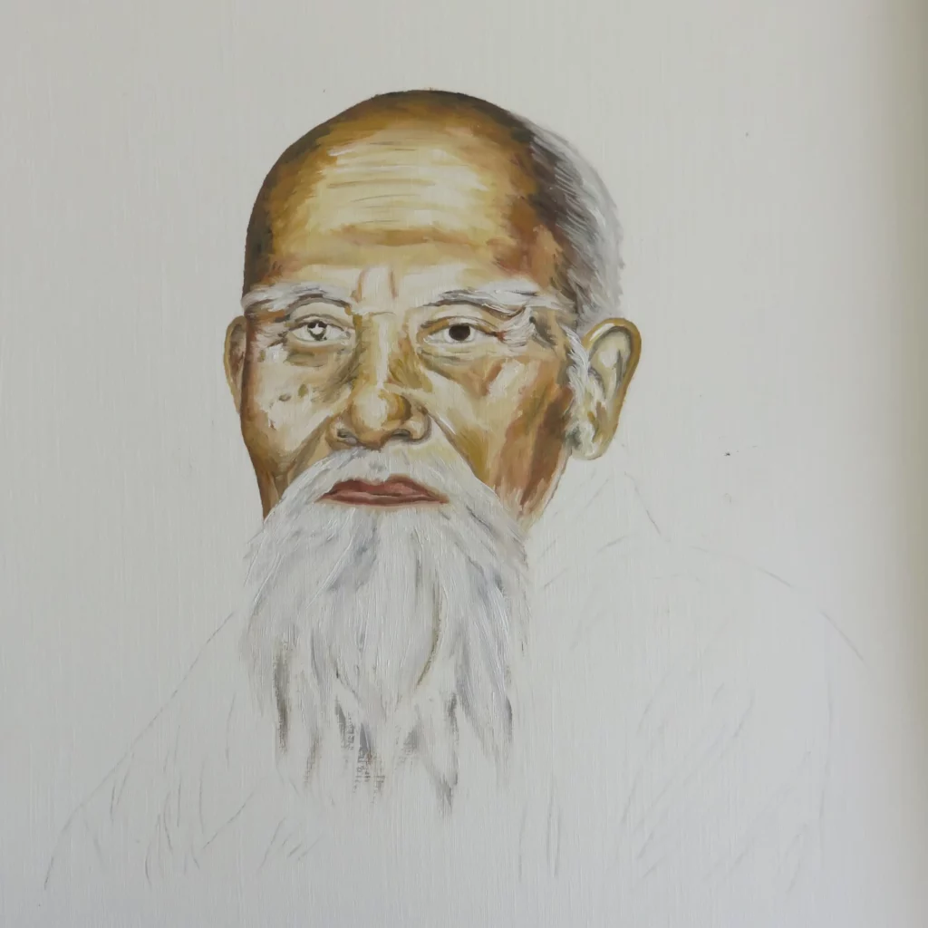 Portrait of Morihei Ueshiba in progress 5/8