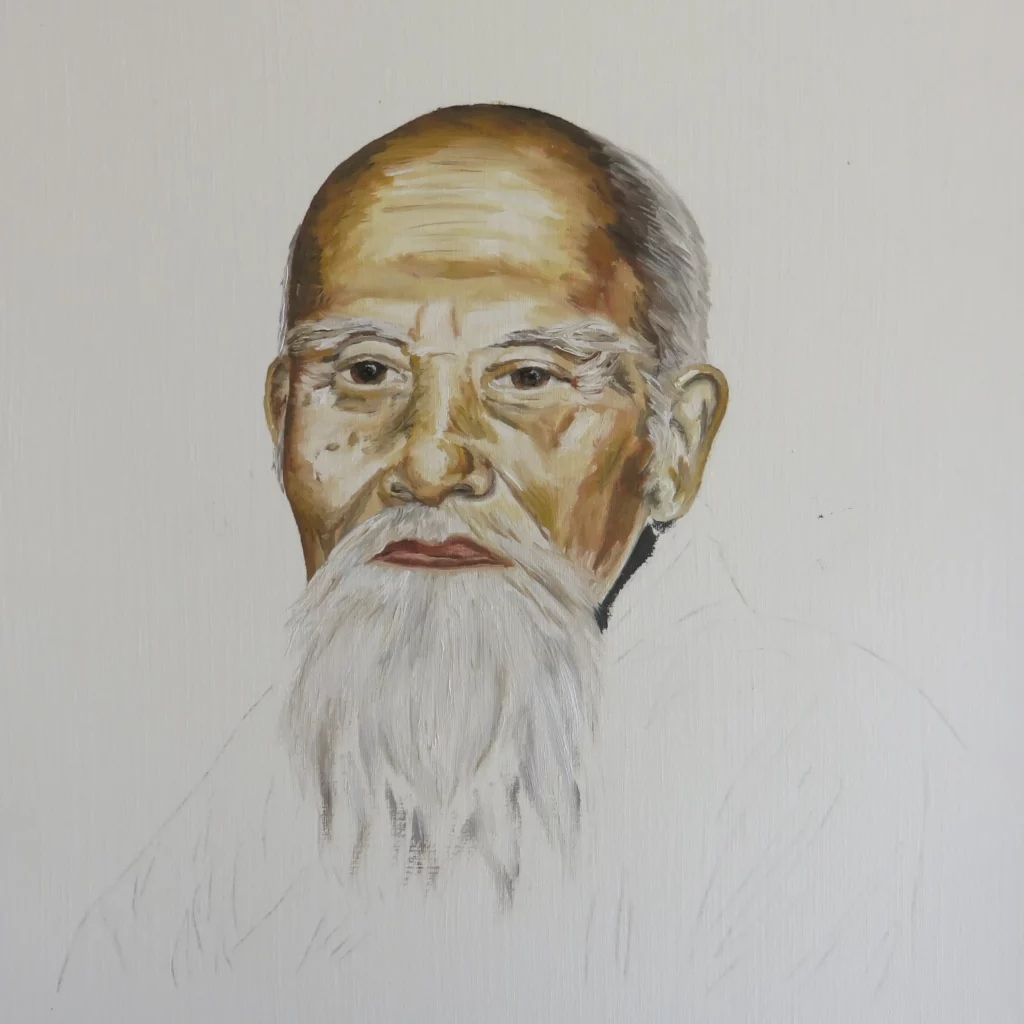 Portrait of Morihei Ueshiba in progress 6/8