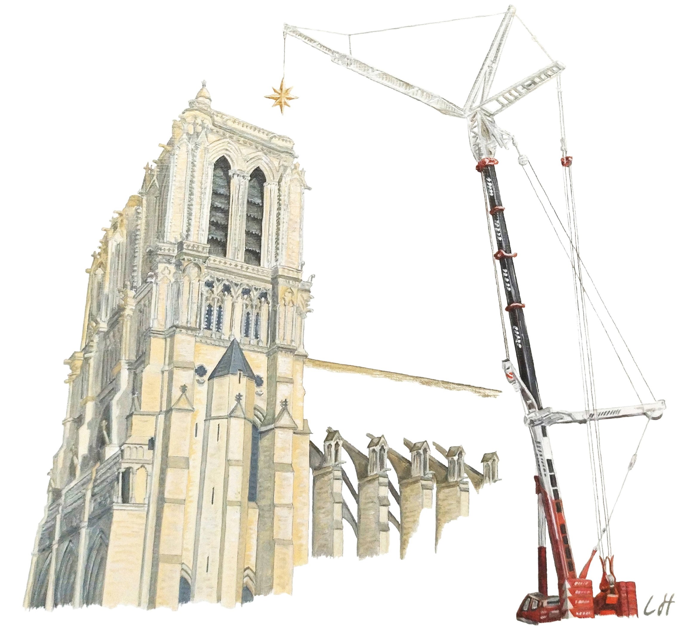 Notre Dame avec une grue portant une étoile