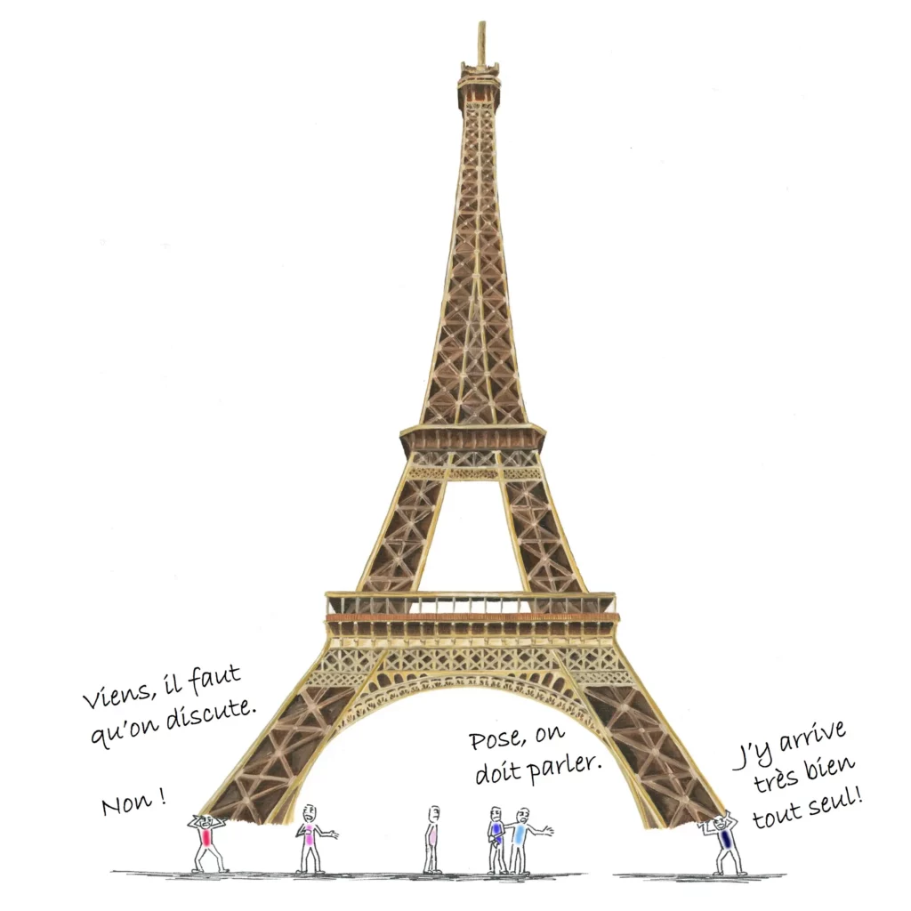 Bonshommes aux couleurs des partis politiques français portant la tour eiffel