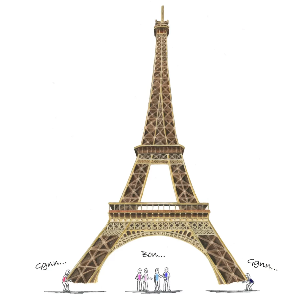 Bonshommes aux couleurs des partis politiques français portant la tour eiffel