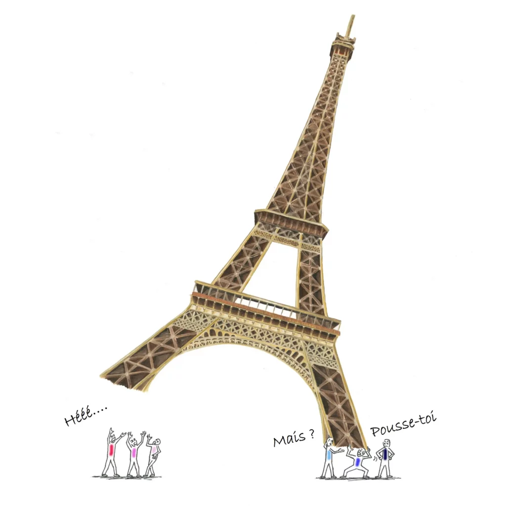 Bonshommes aux couleurs des partis politiques français portant la tour eiffel