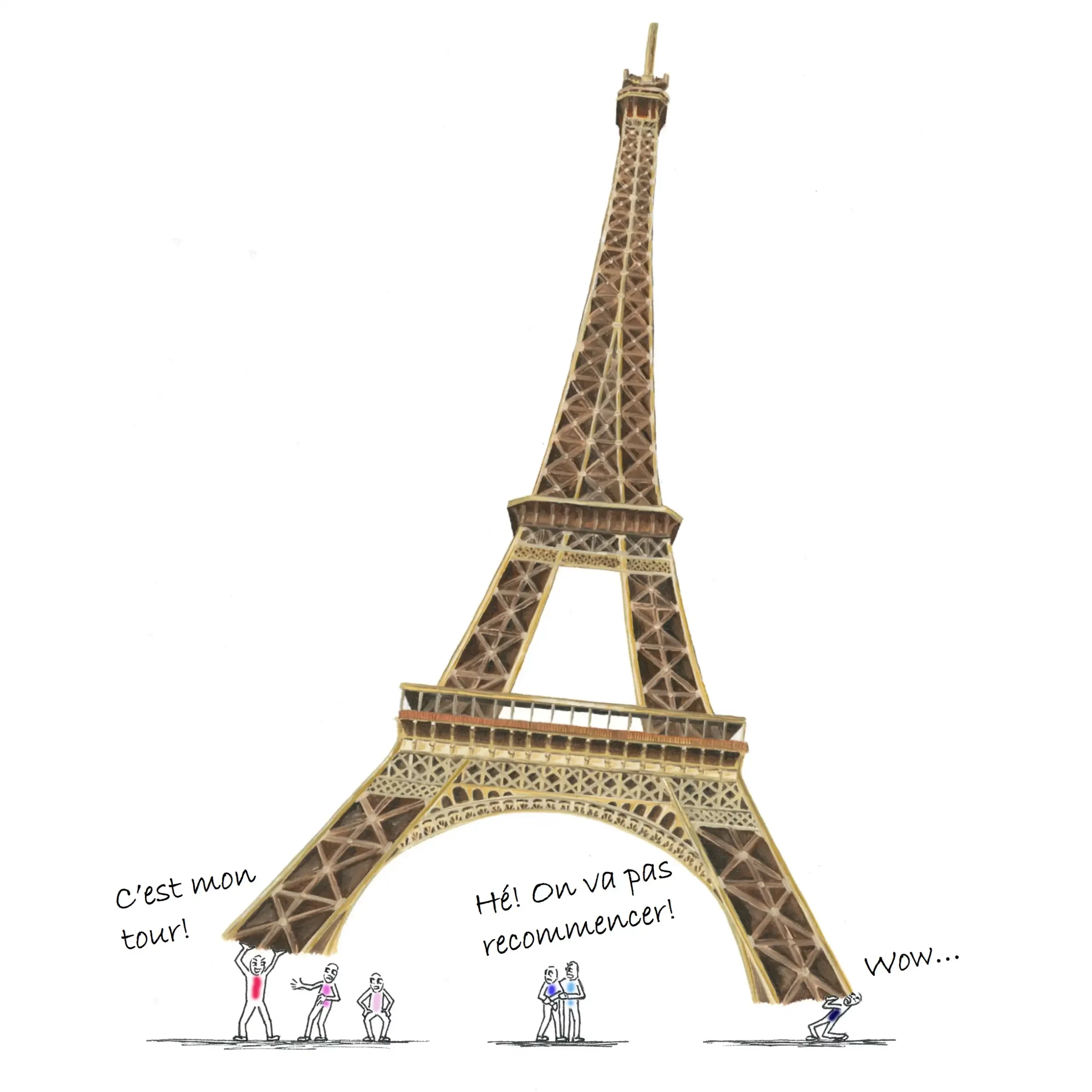 Bonshommes aux couleurs des partis politiques français portant la tour eiffel