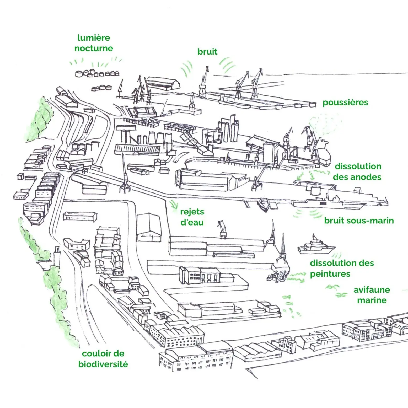 Vue aérienne d'un port avec des détails liés à l'environnement