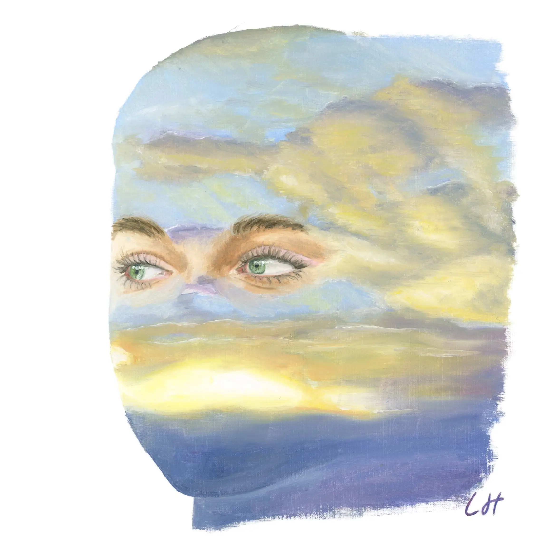 Portrait featuring eyes with the rest of the face filled in by a sunrise