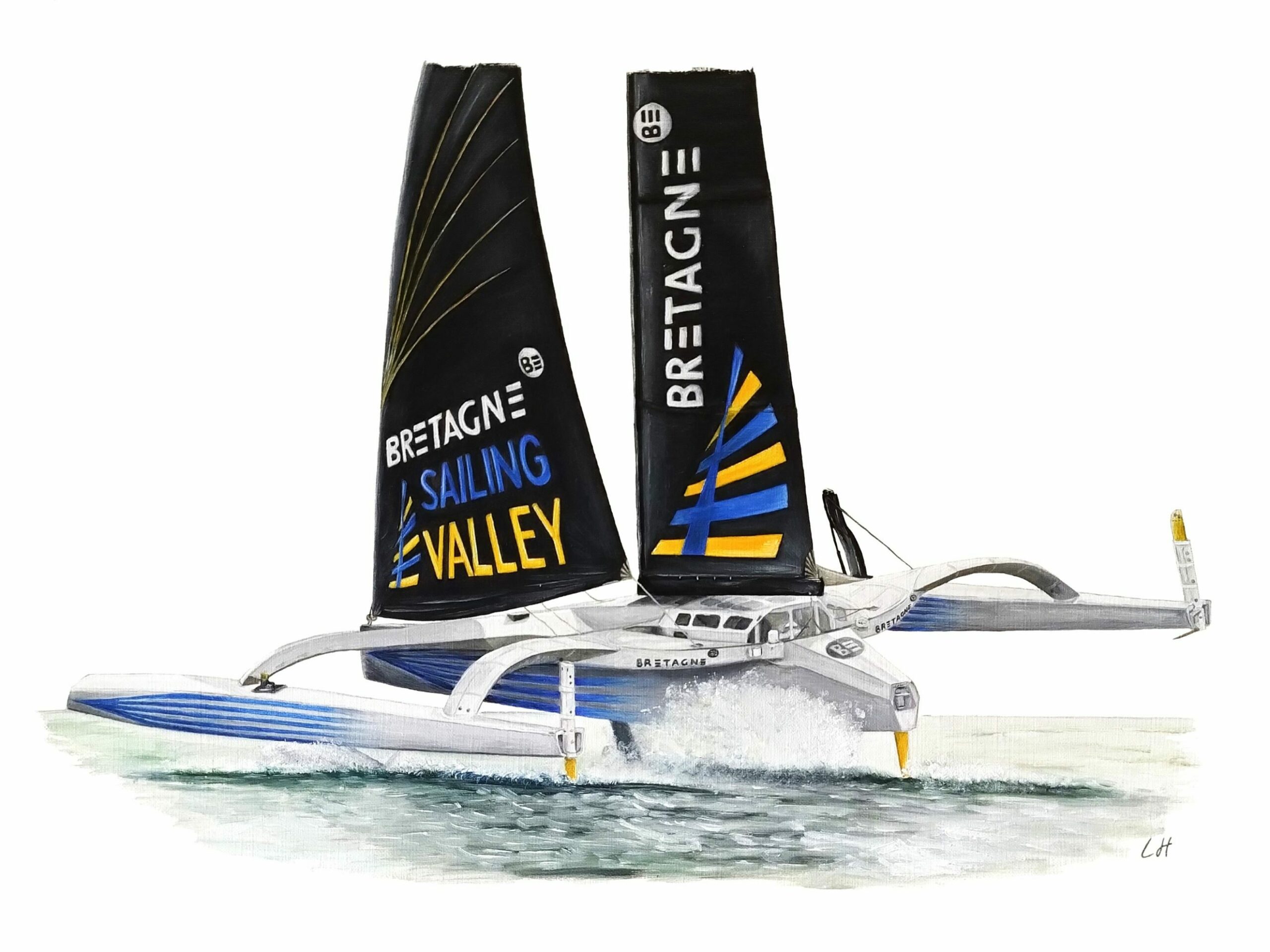 Trimaran classe Ultim floqué du logo Bretagne Sailing Valley