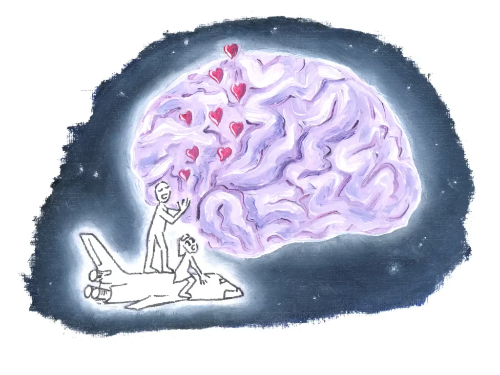 Two children on a shuttle explore the universe and see a purple brain among the stars. One of the children hugs it.