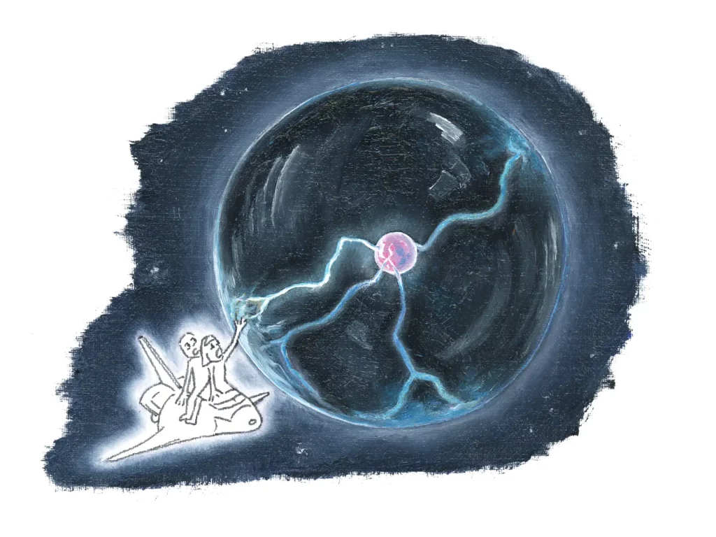 Two children on a shuttle explore the universe and see a plasma globe among the stars. One of the children touches it and triggers electricity in the globe.