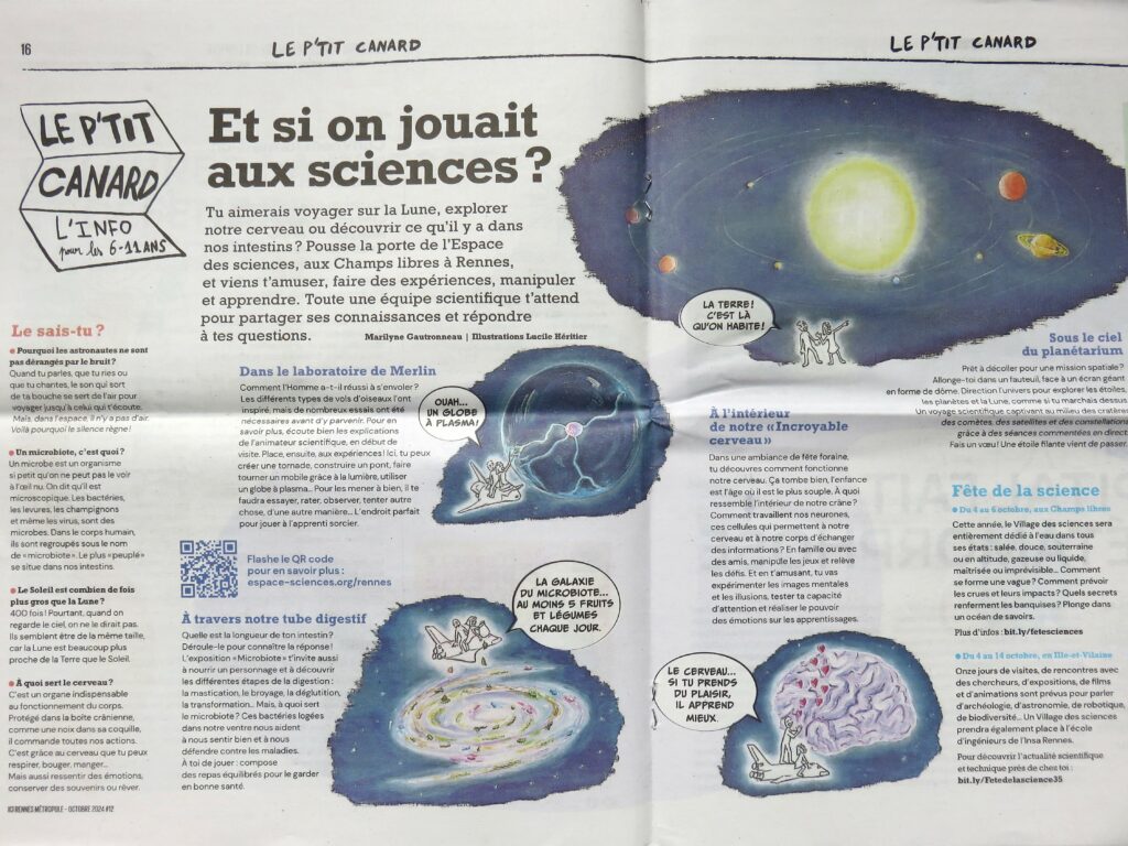 Photo from Ici Rennes magazine with the article on the Espace des Sciences and corresponding illustrations