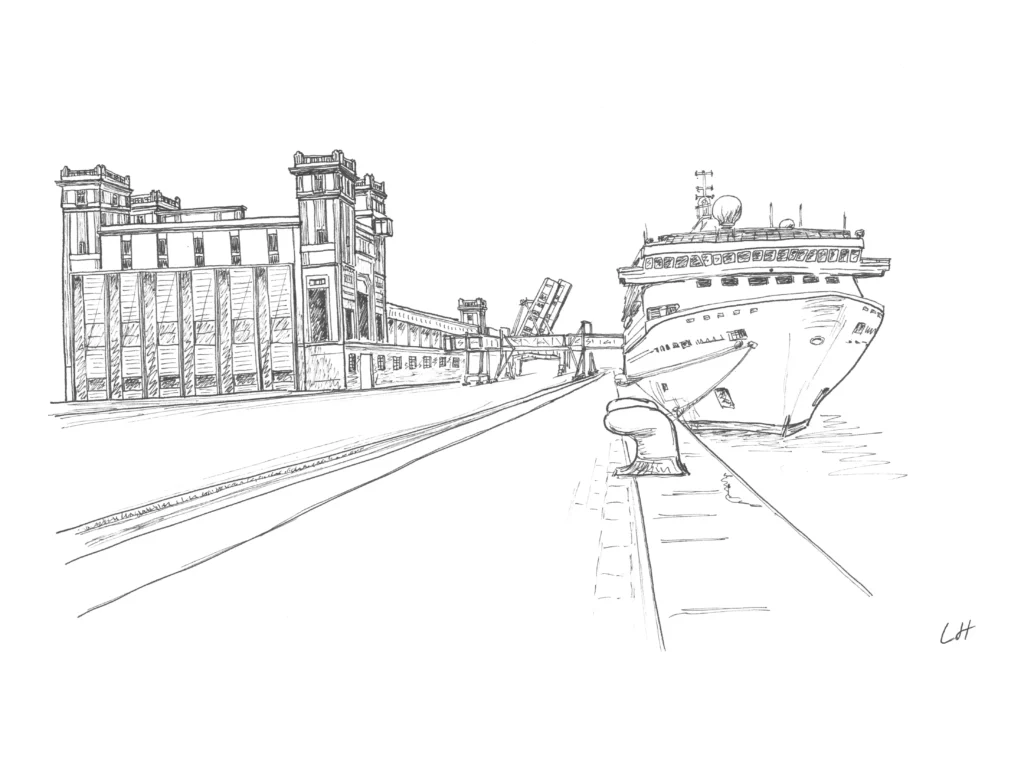 Black ink drawing on paper of the Cherbourg cruise quay, with the Cité de la mer on the left and a cruise ship docked on the right