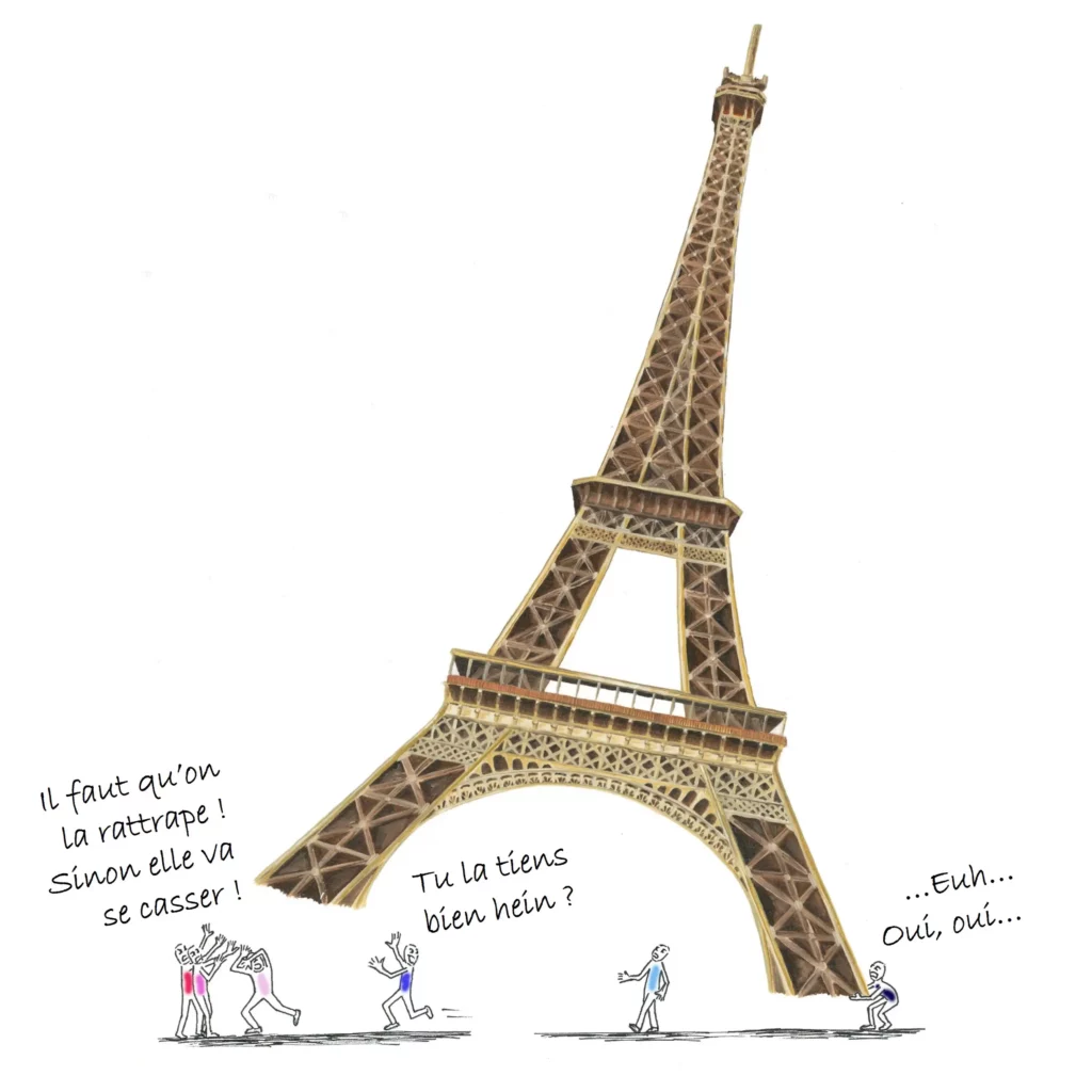 Bonshommes aux couleurs des partis politiques français portant la tour eiffel