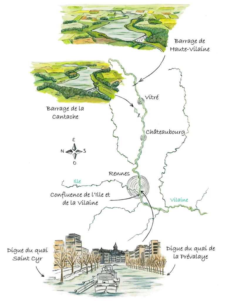 Route of the Vilaine and its tributaries and drawings of the Haute-Vilaine and Valière dams and the quays at Rennes