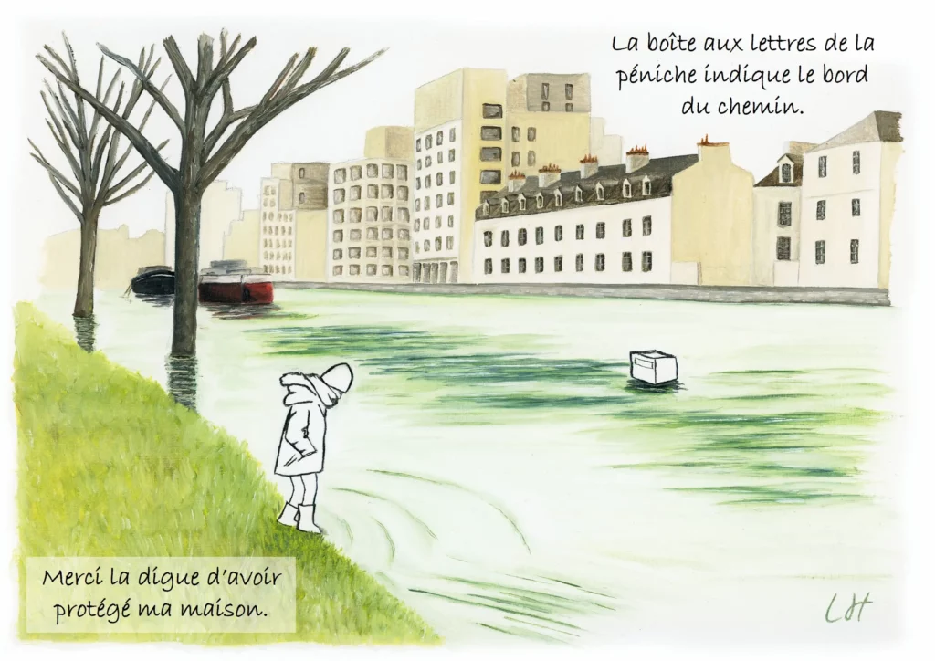 A little girl on the banks of the Vilaine, which has risen to the level of the mailboxes on the barges.