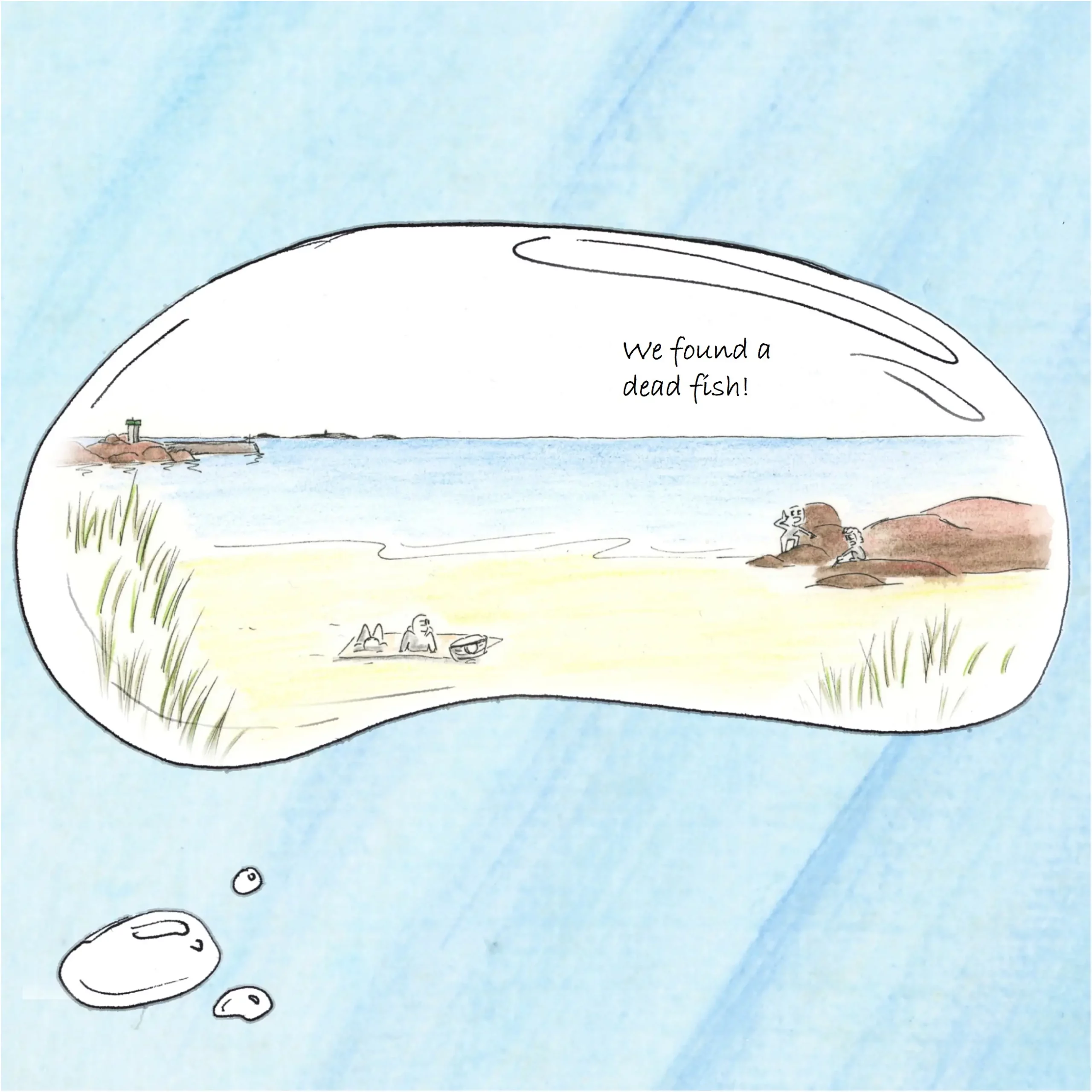 On the beach, two children find a dead fish between the rocks.