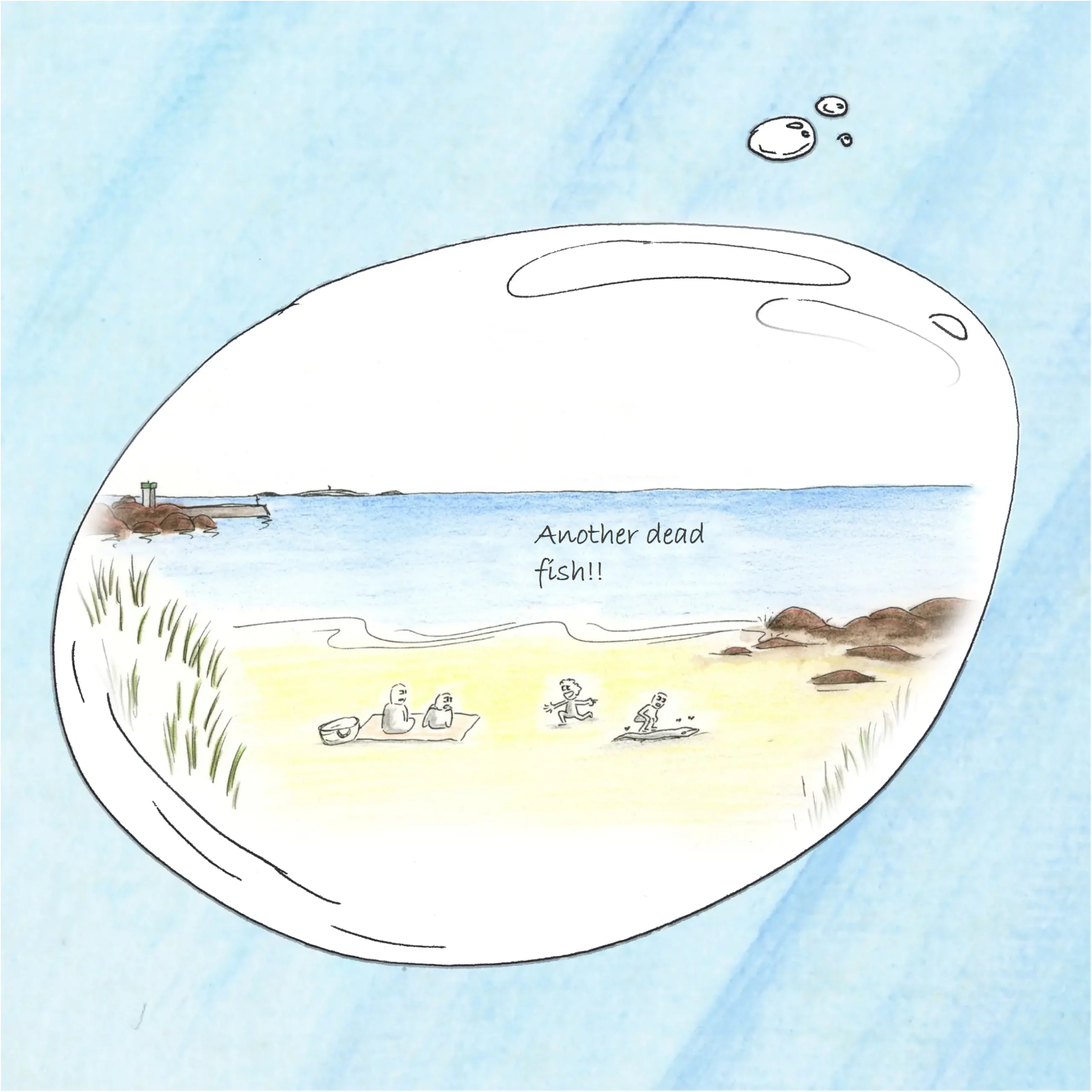 On the beach, two children find a second dead fish on the sand.