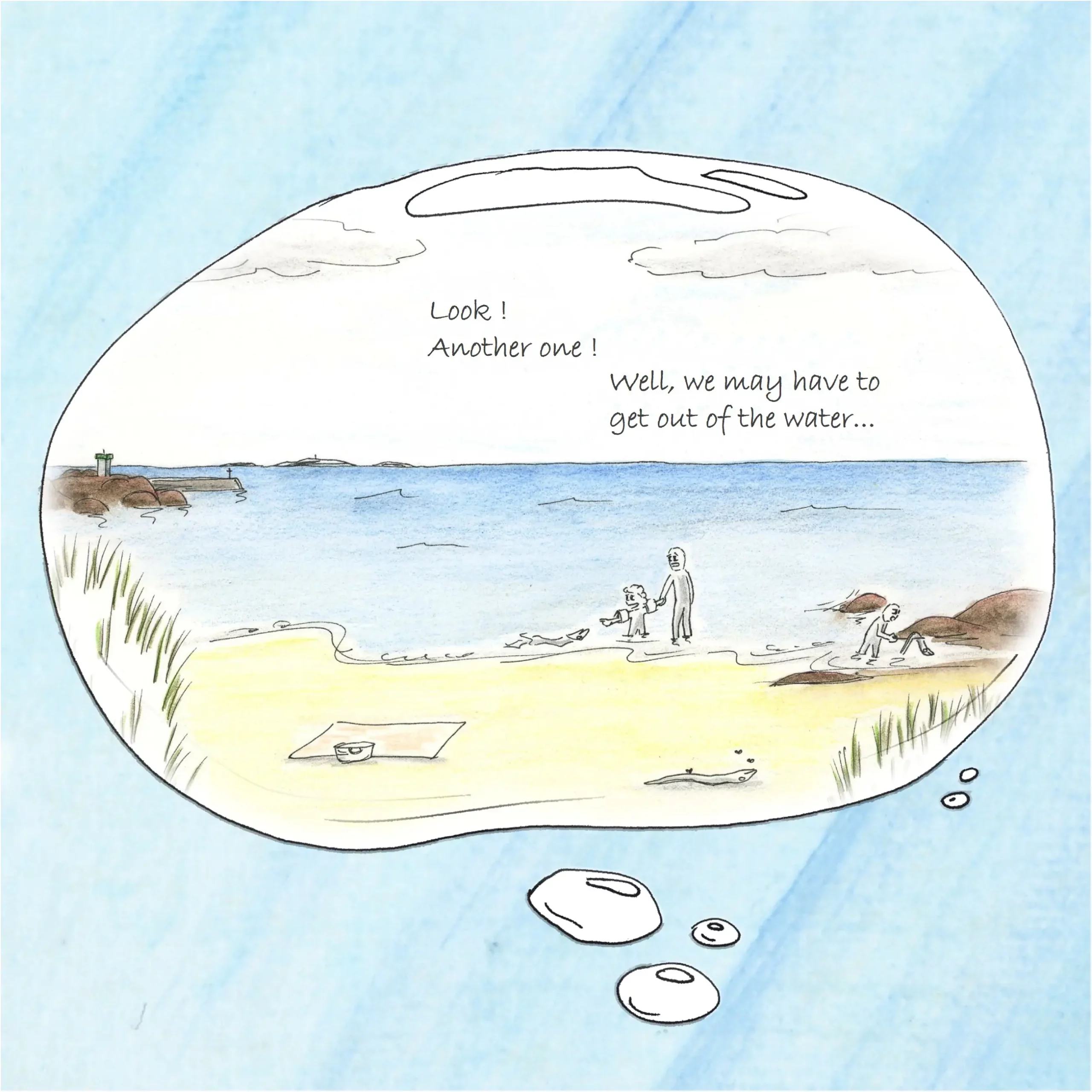 On the beach, two children find a third fish dead in the water.