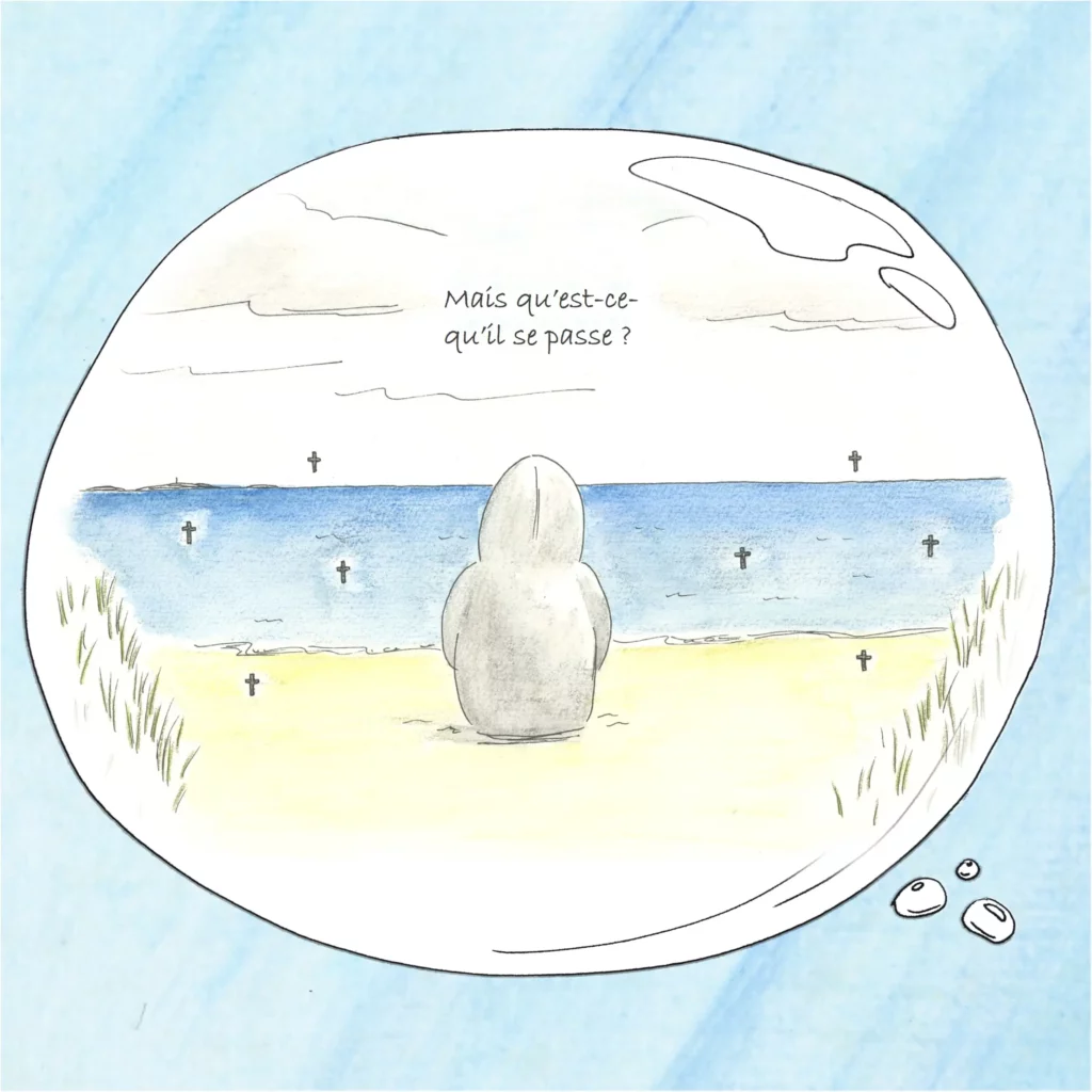 Sur la plage, un personnage assis de dos dans un pull à capuche regarde la mer et se demande ce qu'il se passe, des petites croix autour symbolisent la mort d'animaux.
