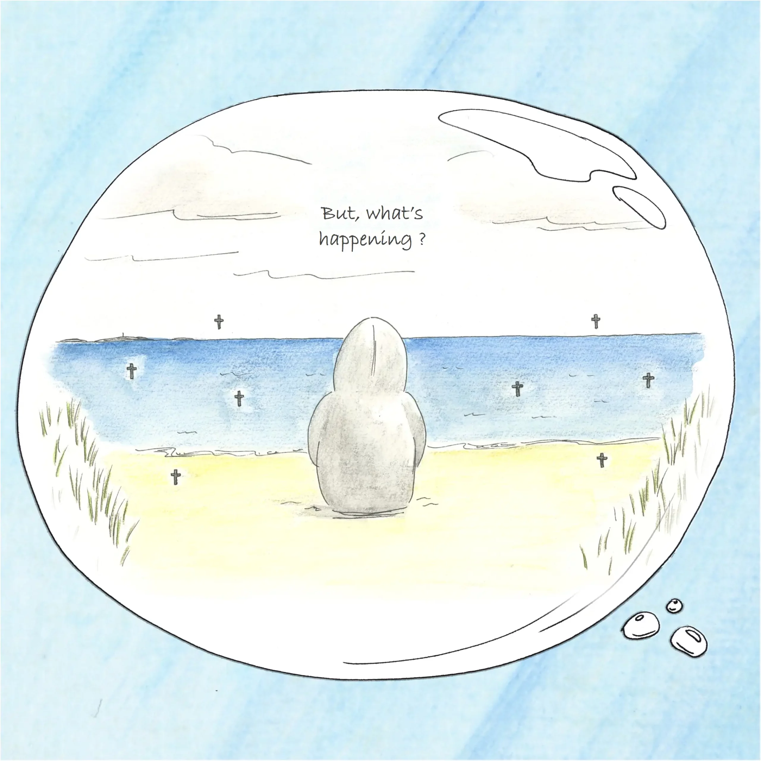 On the beach, a figure seated with his back to the sea in a hooded sweater wonders what's going on.