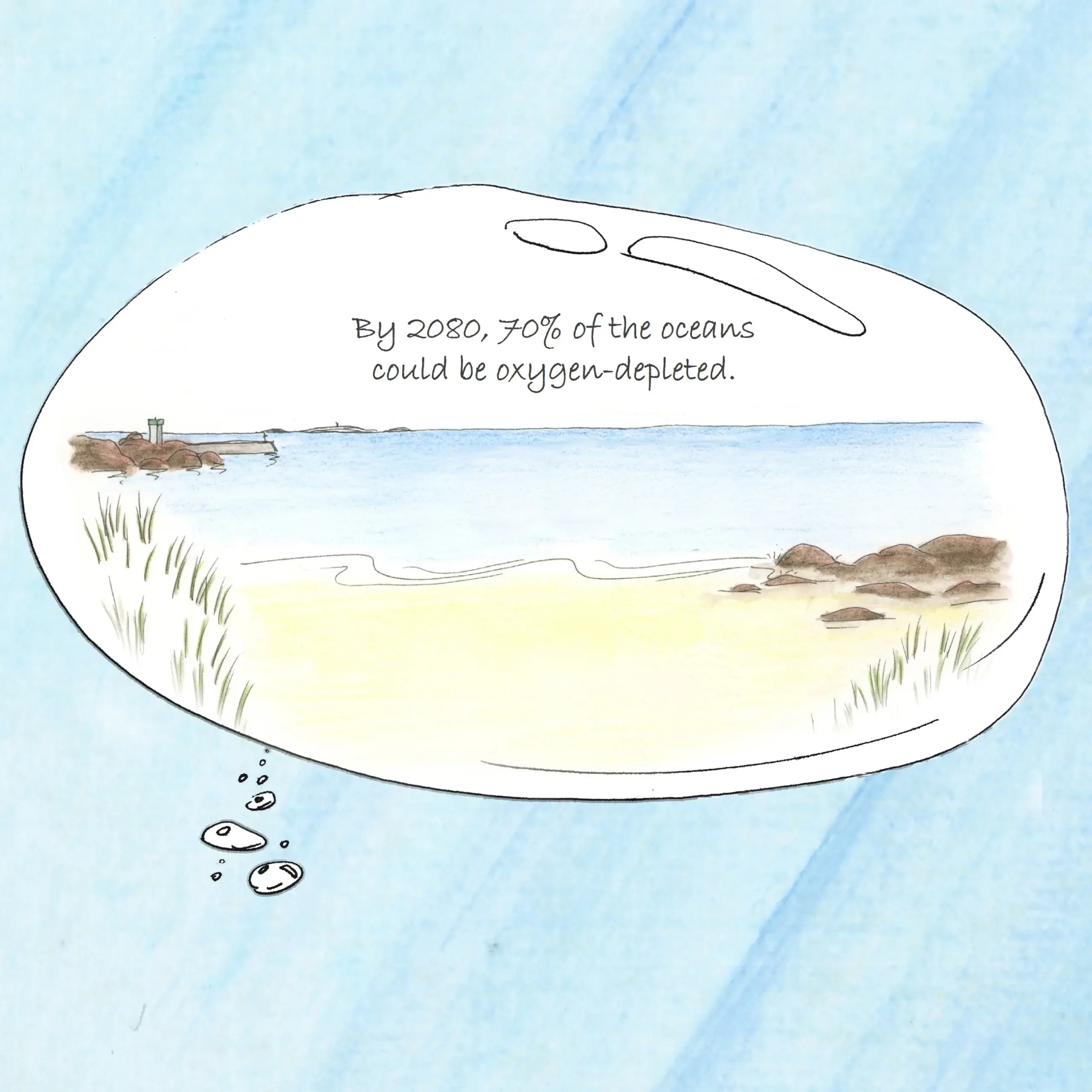 A view of the beach with no-one there - a text informs about the deoxygenation of the oceans due to climate change.