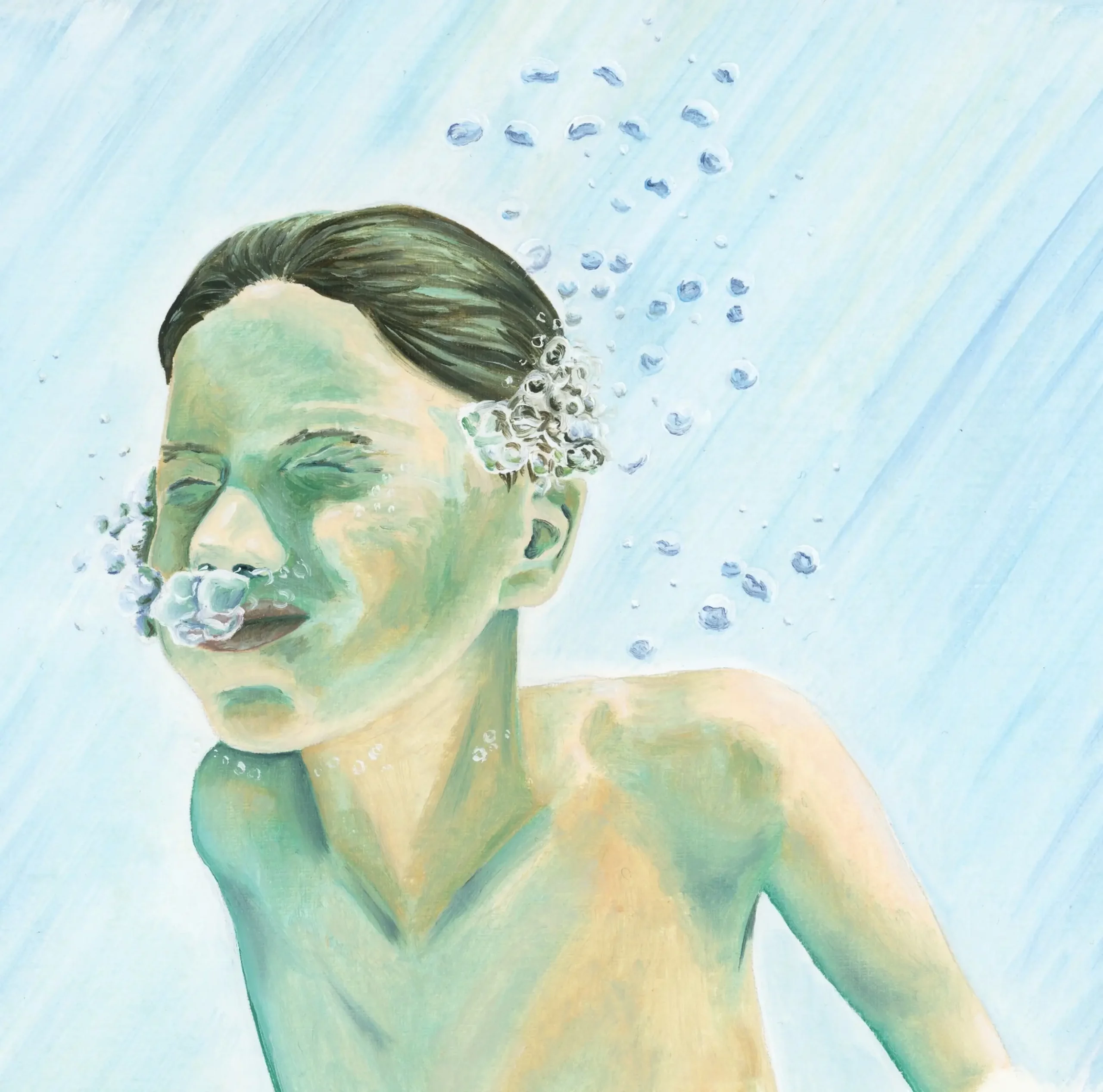 Painting of a young boy with his head underwater, holding his breath and surrounded by bubbles.