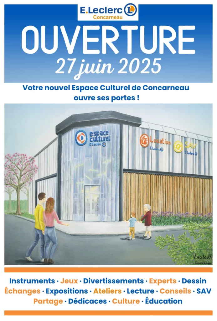 Poster announcing the opening of a Leclerc cultural centre, with a painting of the front of a glazed building in the centre, with the sign ‘espace culturel’ above and figures entering the building.