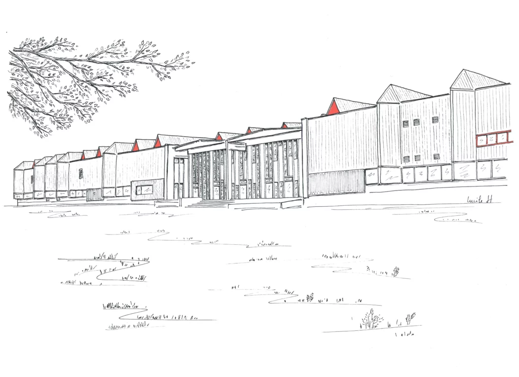 Black and white drawing of the façade of a renovated industrial building in Rennes