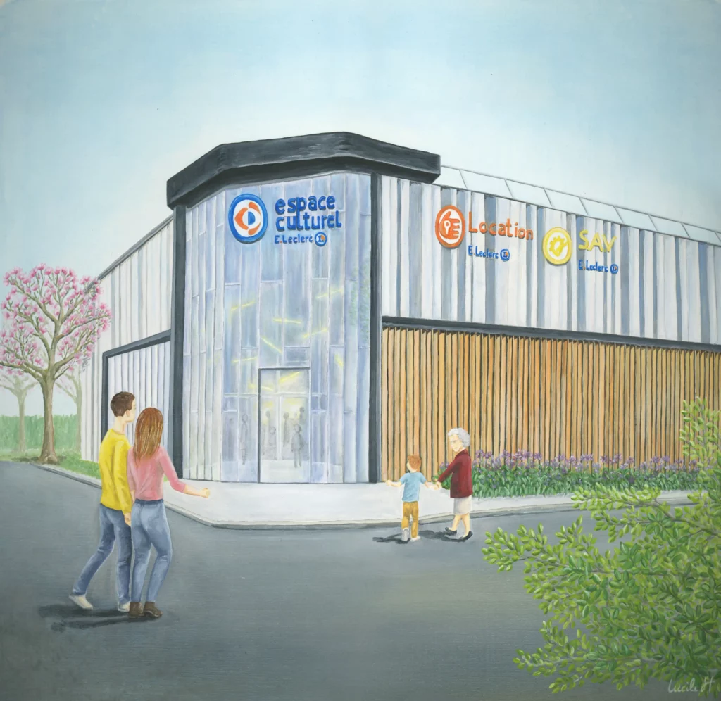 Painting of the facade of a glazed building with the ‘espace culturel’ sign on it and figures entering the building.
