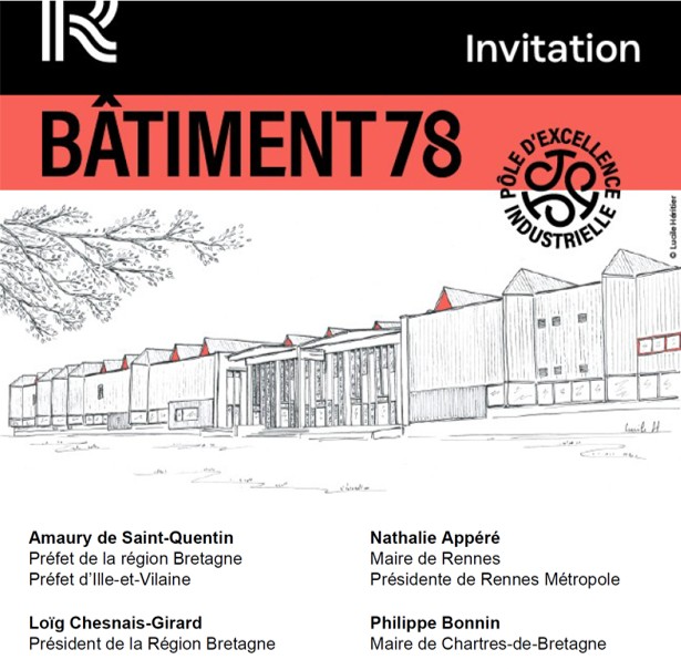 Invitation to the inauguration of Building 78 in Rennes, featuring a black and white drawing of the façade under the logos of Rennes Métropole and the La Janais industrial site.