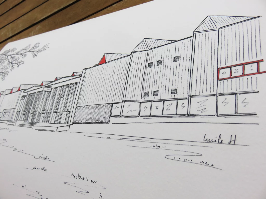 Fine art print of a black and white drawing of the facade of a renovated industrial building in Rennes
