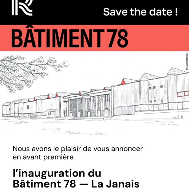 Save the date for the inauguration of Building 78 in Rennes, featuring a black and white drawing of the façade under the logos of Rennes Métropole and the La Janais industrial site.