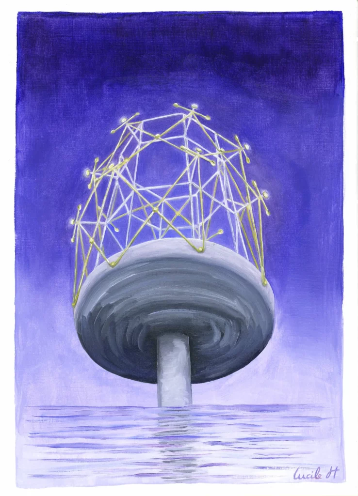 Structure métallique sur une plateforme en béton vue de dessous qui brille dans la nuit