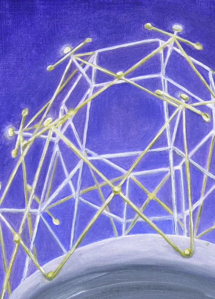 Metal structure on a concrete platform seen from below, shining in the night